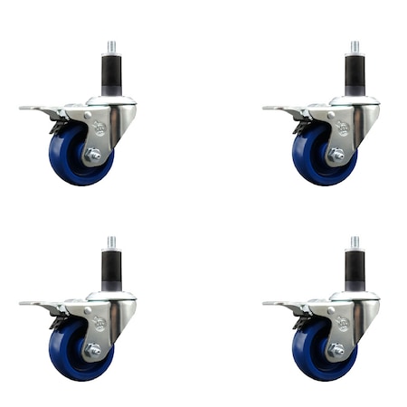 Service Caster 3'' SS Solid Poly Swivel 1-1/4'' Expanding Stem Caster Set Total Lock Brake, 4PK SCC-SSEXTTL20S314-SPUS-114-4